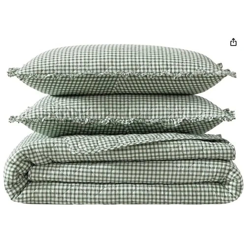 Full/Queen Quilt Set, Cotton Bedding with Matching Sham- Gracies Gingham Green